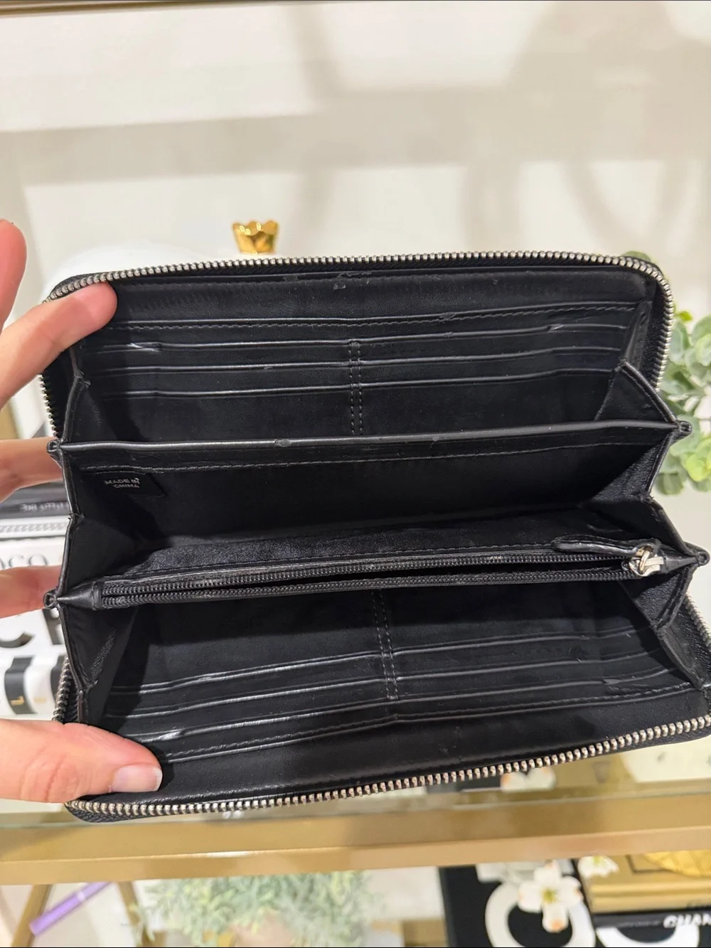 Coach Black and Beige Signature Zip Around Wallet